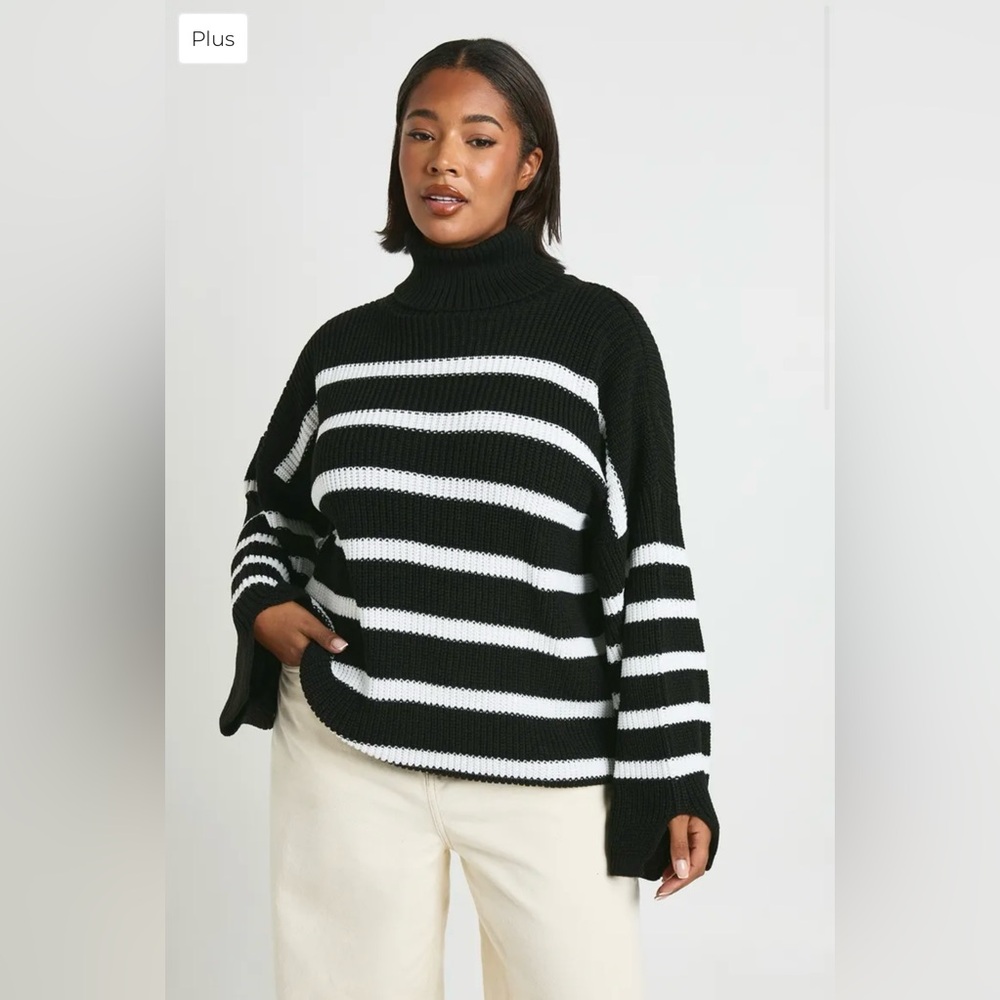 Boohoo Oversized Black and White Striped Turtleneck Sweater